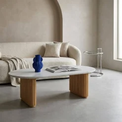 Ovale salontafel van rubberhout met steeneffect