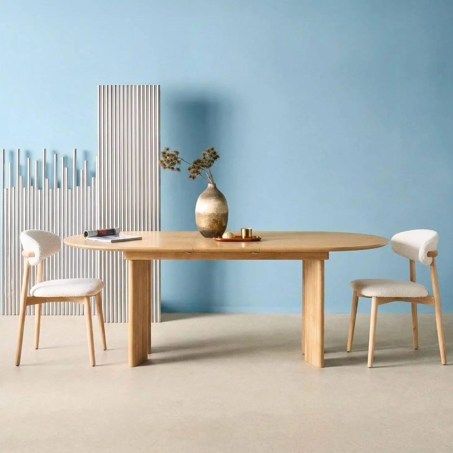 Ovale uitschuifbare eettafel rubberhout en eikenfineer 6-8 plaatsen