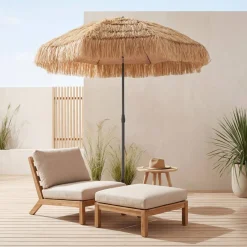 Parasol van staal met hout- en strolook