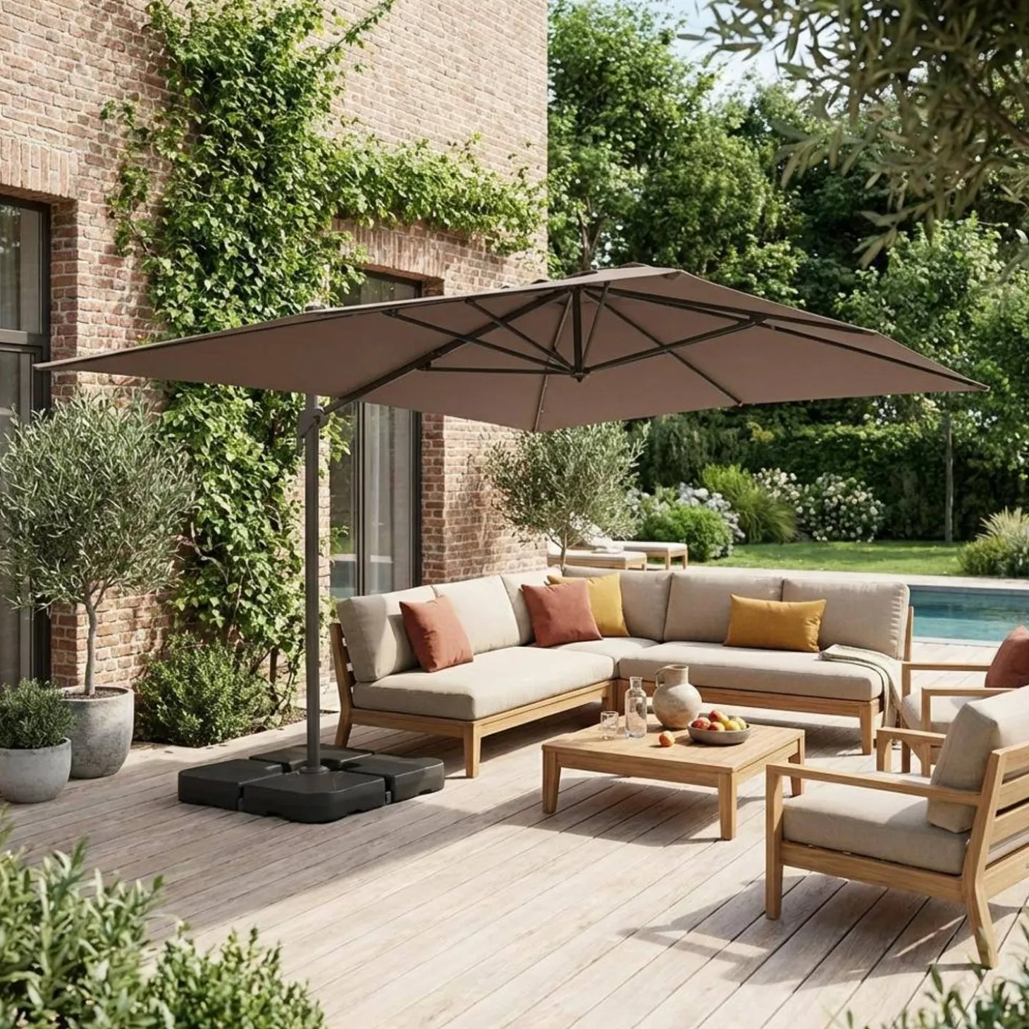 Parasol 4x3m vrijhangend + ballasttegels 50x50cm