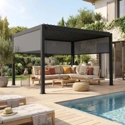 Pergola met lamellendak 4x3m met 2 zonneschermen 3m en 1 zonnescherm 4m