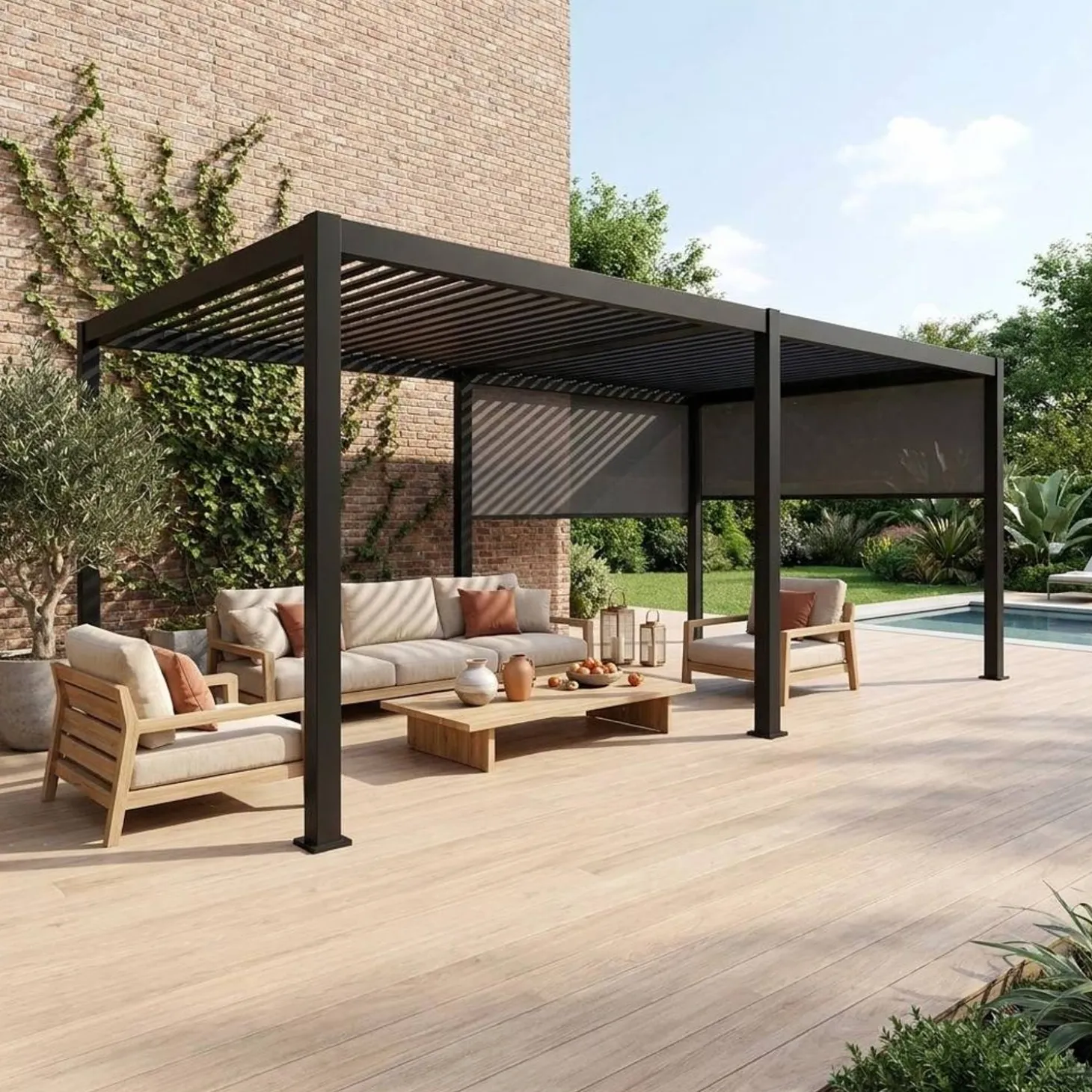 Pergola met lamellendak 6x3m met 2 zonneschermen 3m