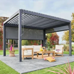 Pergola met lamellendak 4x3m met 1 zonnescherm 3m en 1 zonnescherm 4m