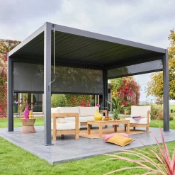 Pergola met lamellendak 4x3m met 1 zonnescherm 3m en 1 zonnescherm 4m