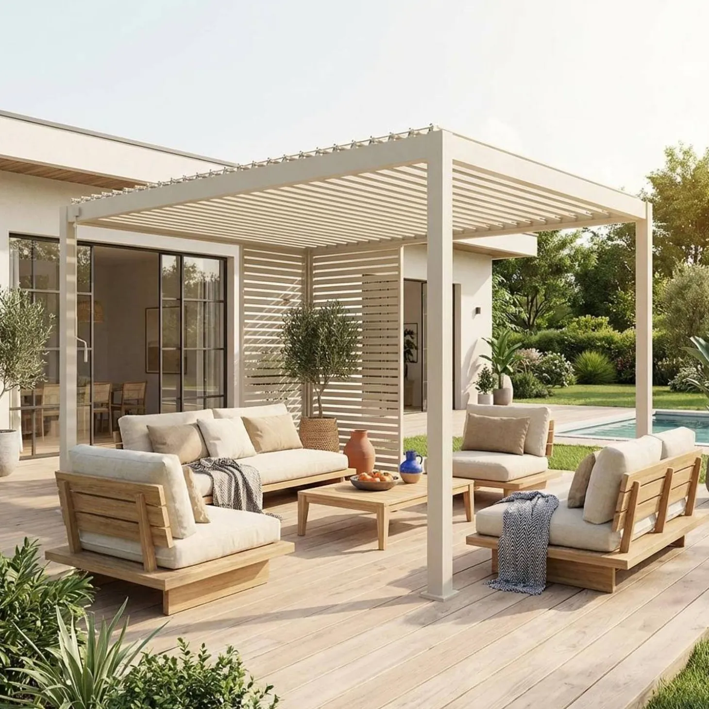 Pergola met lamellendak 4x3m met lamellenwand 100cm en 130cm