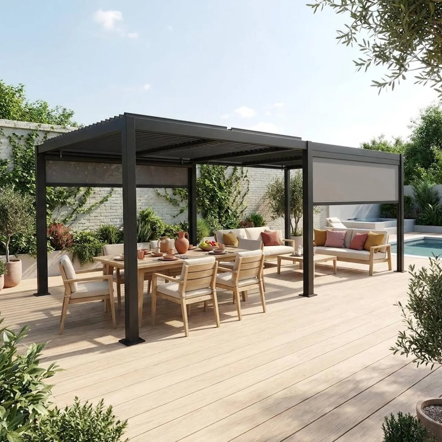 Pergola met lamellendak 6x3m met 2 zonneschermen 3m