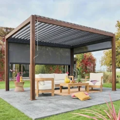 Pergola met lamellendak 4x3m met 1 zonnescherm 3m en 1 zonnescherm 4m