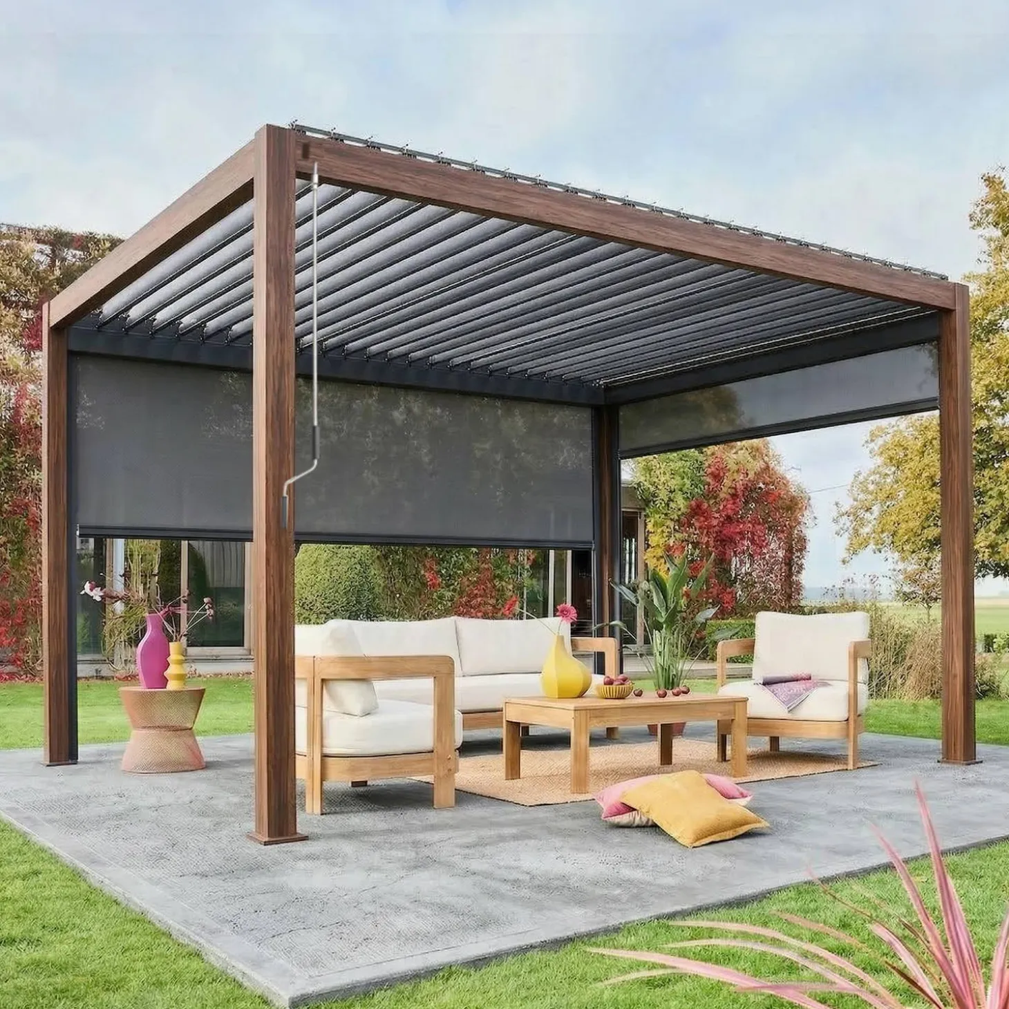 Pergola met lamellendak 4x3m met 1 zonnescherm 3m en 1 zonnescherm 4m