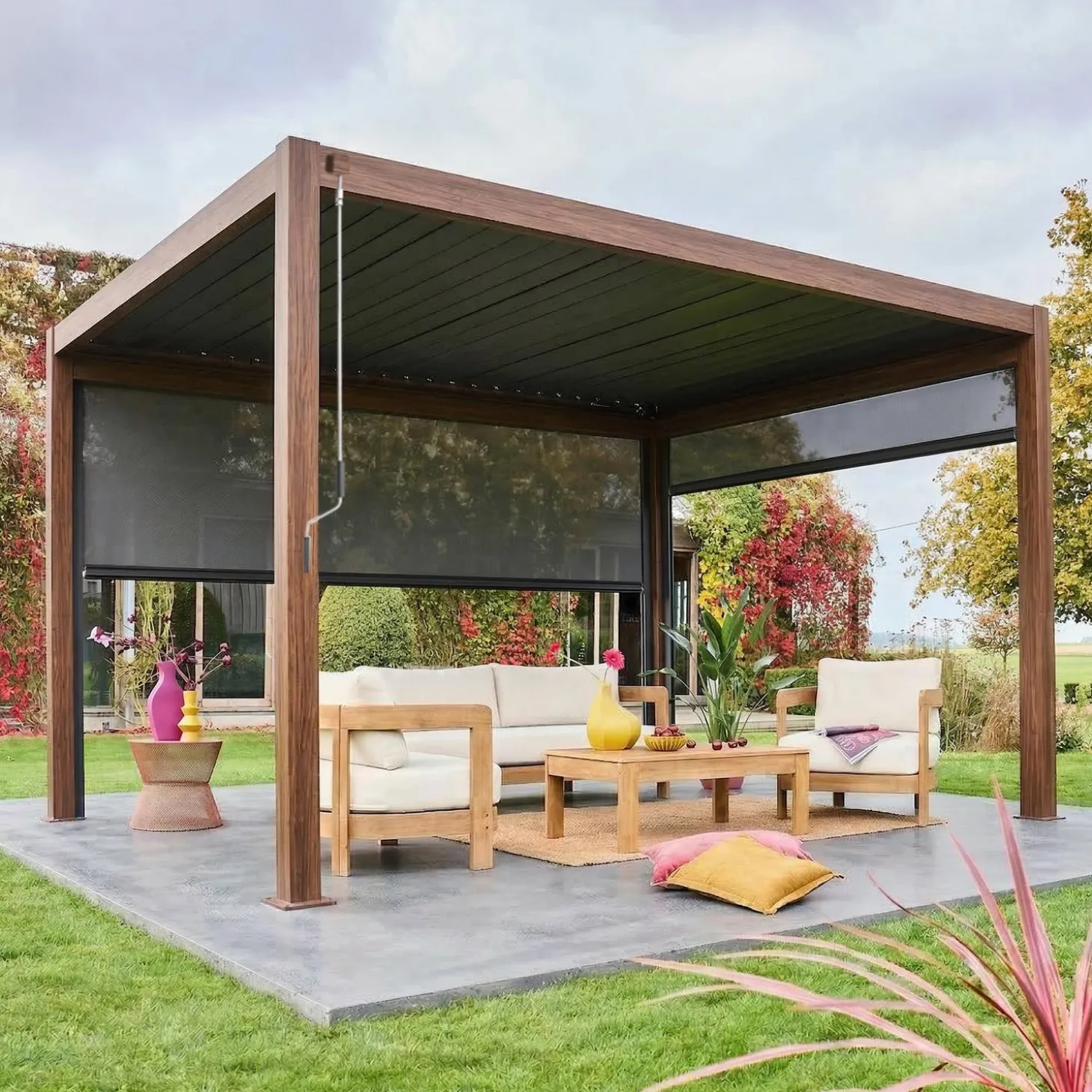 Pergola met lamellendak 4x3m met 1 zonnescherm 3m en 1 zonnescherm 4m