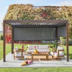 Pergola met lamellendak 4x3m met 1 zonnescherm 3m en 1 zonnescherm 4m