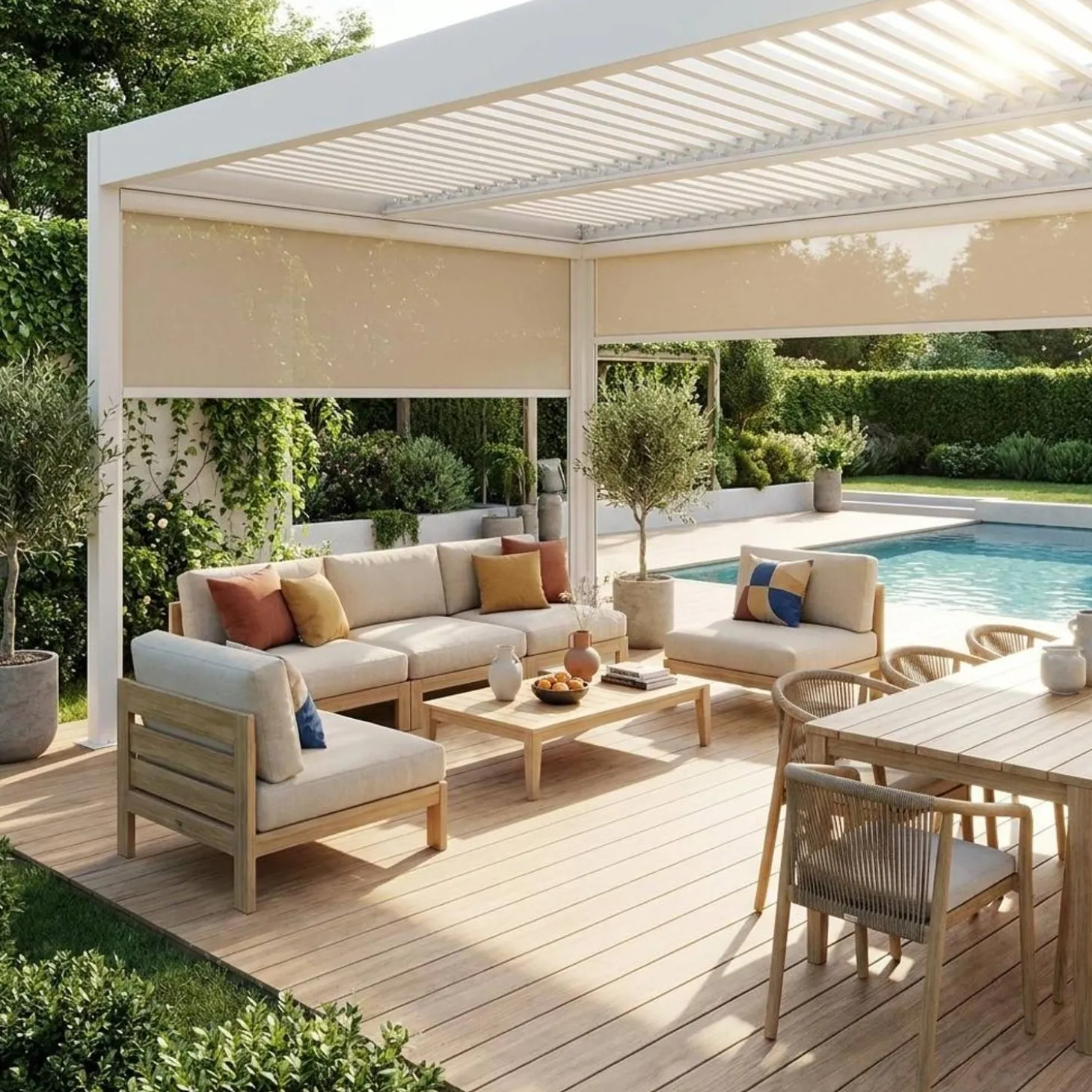 Pergola met lamellendak 4x3m met 2 zonneschermen van 3m en 1 van 4m
