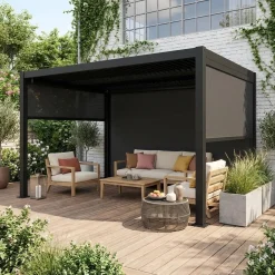 Pergola met lamellendak 4x3m met 2 zonneschermen van 3m en 1 van 4m