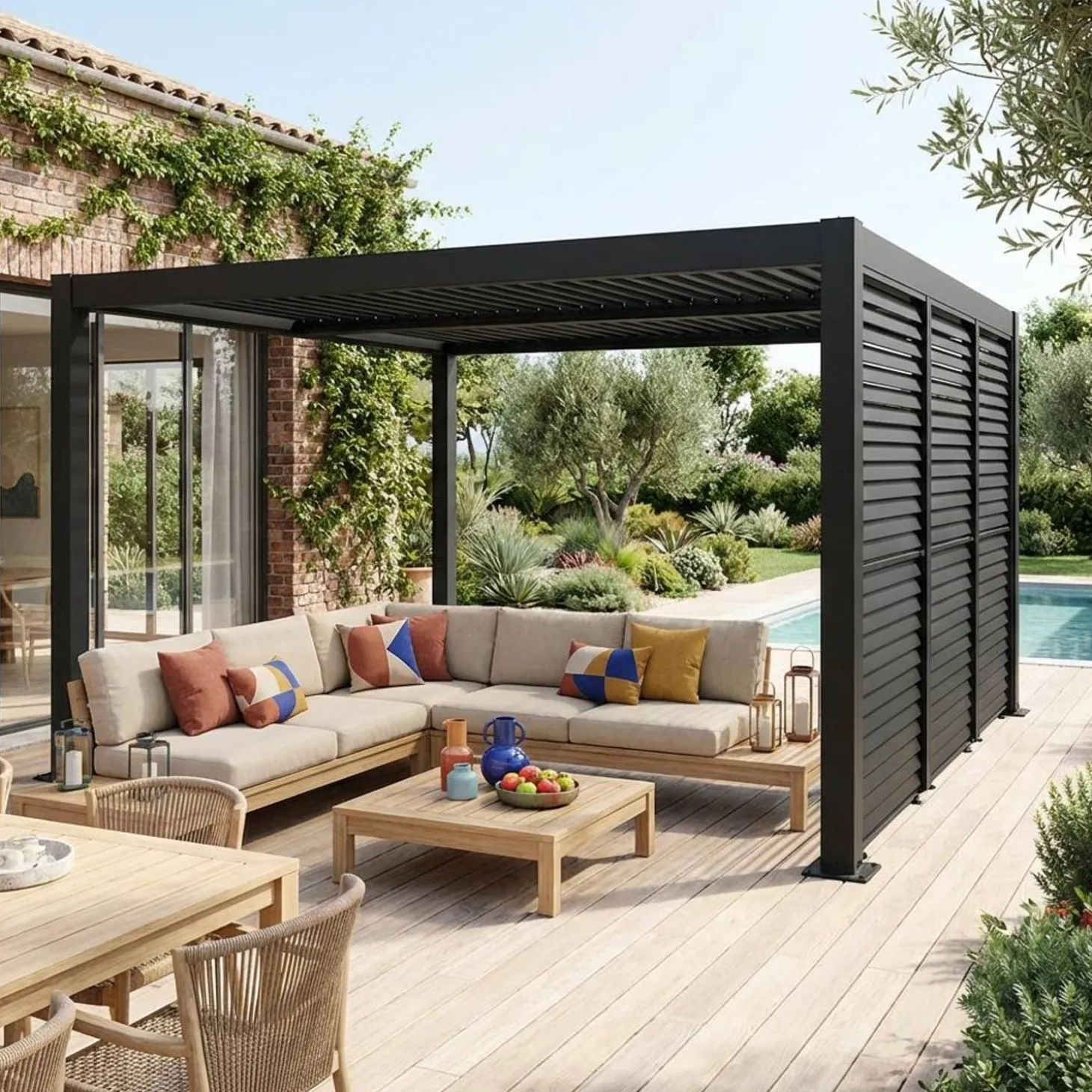 Pergola met lamellendak 4x3m met 3 verstelbare lamellenwanden 100cm