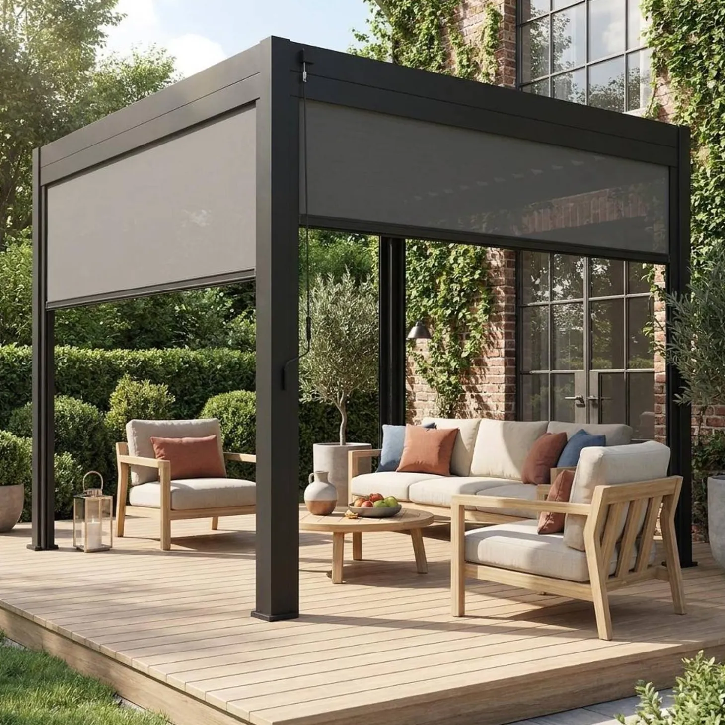 Pergola met lamellendak 3x3m met 2 zonneschermen 3m