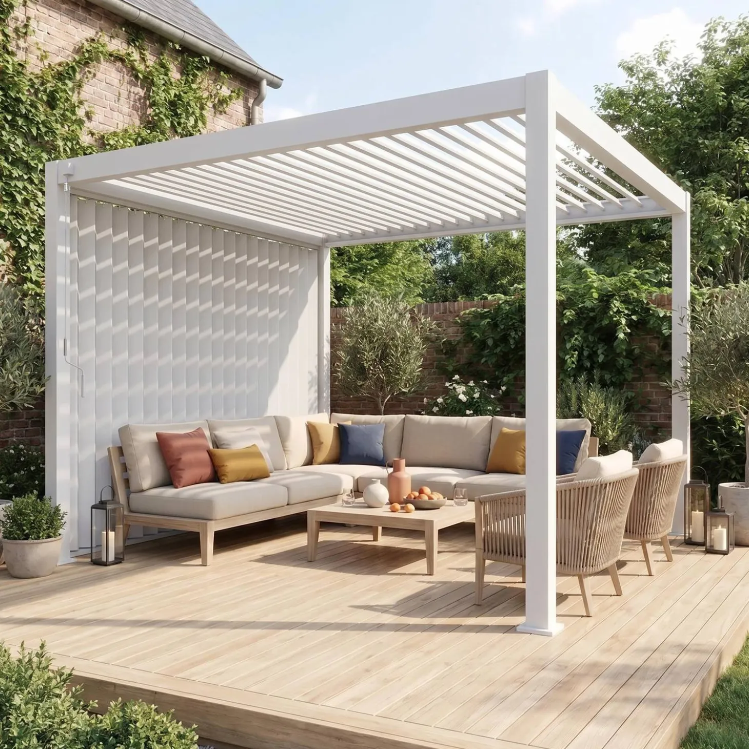 Pergola met lamellendak 4x3m met verticale lamellenwand 3m