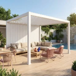 Pergola met lamellendak 4x3m met verticale lamellenwand 4m