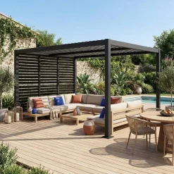 Pergola met lamellendak 4x3m met 3 vaste lamellenwanden 100cm