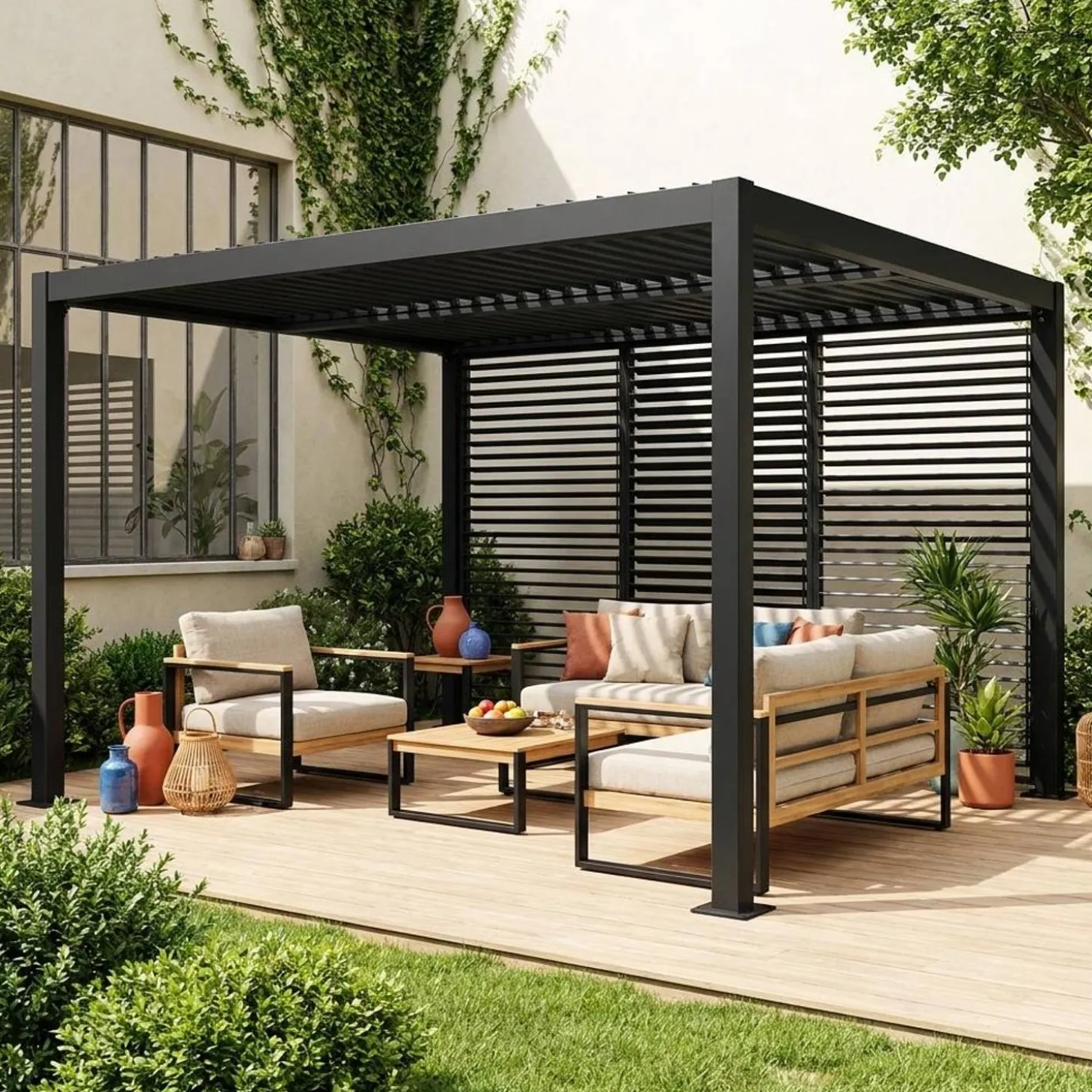 Pergola met lamellendak 4x3m met 3 verstelbare lamellenwanden 130cm
