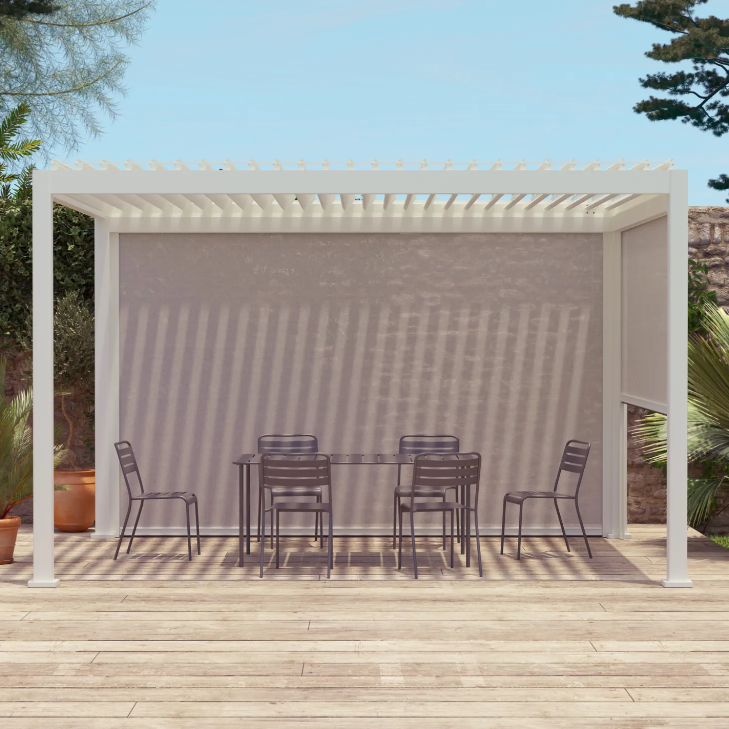 Pergola met lamellendak 4x3m met 1 zonnescherm 3m en 1 zonnescherm 4m