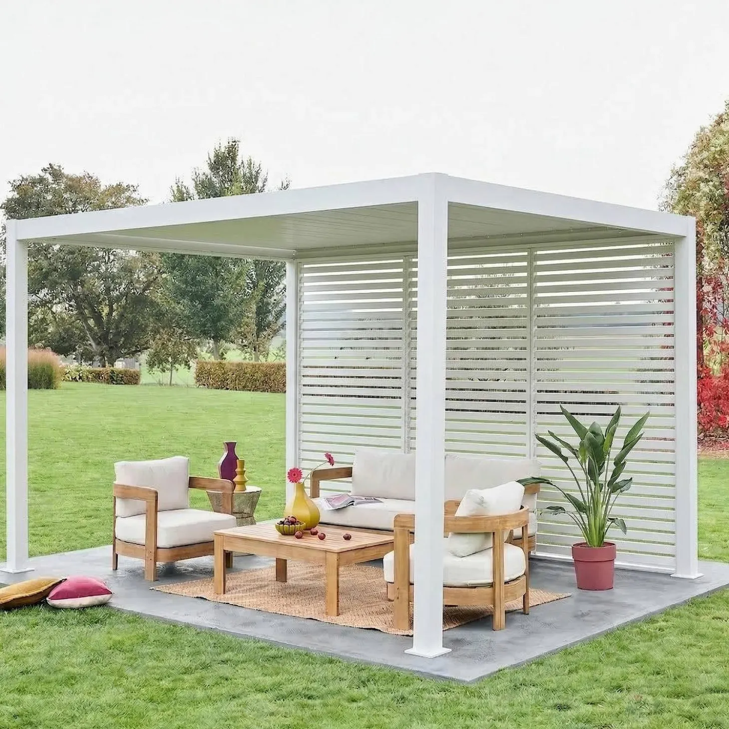 Pergola met lamellendak 4x3m met 3 vaste lamellenwanden 130cm