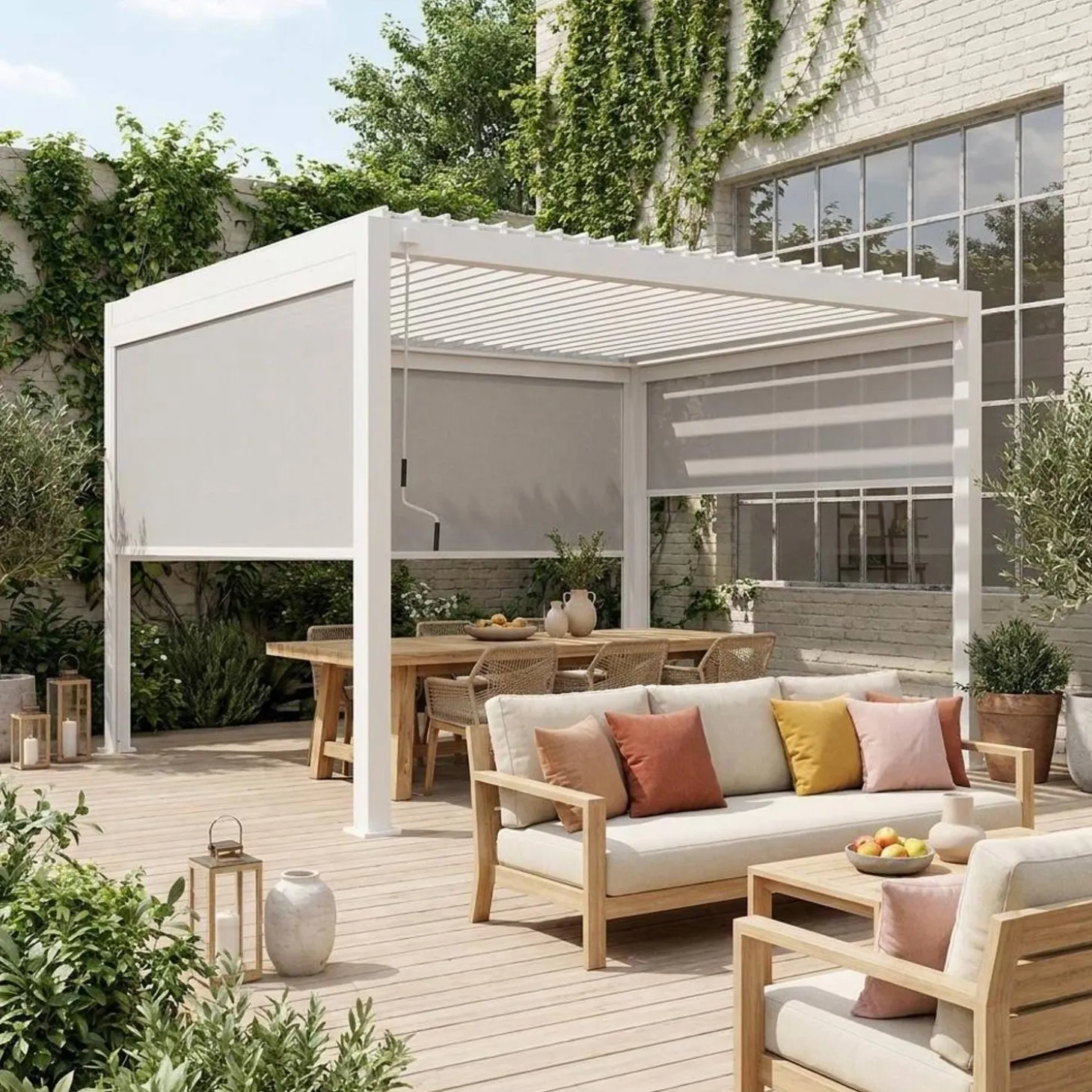 Pergola met lamellendak 4x3m met 2 zonneschermen 3m en 1 zonnescherm 4m