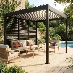 Pergola met lamellendak 3x3m V2 met 3 vaste lamellenwanden 100cm