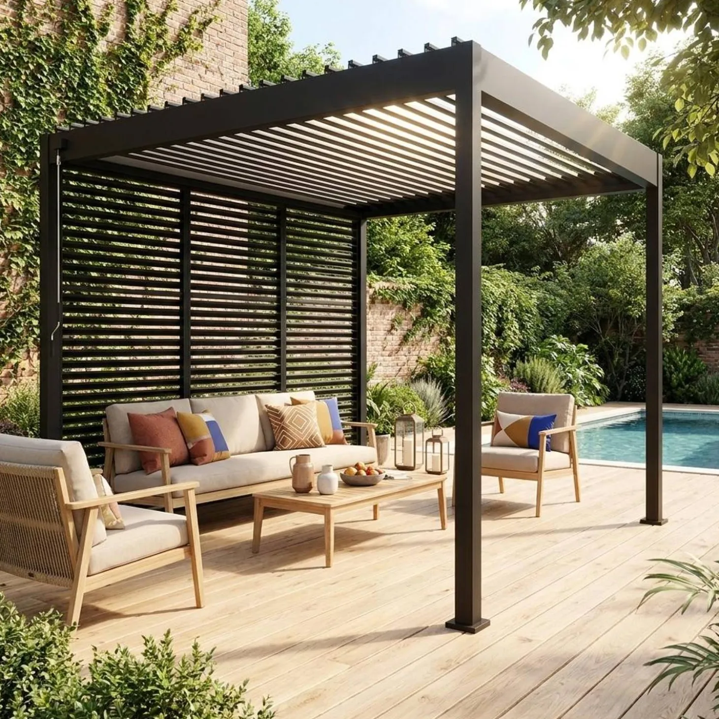 Pergola met lamellendak 3x3m V2 met 3 vaste lamellenwanden 100cm