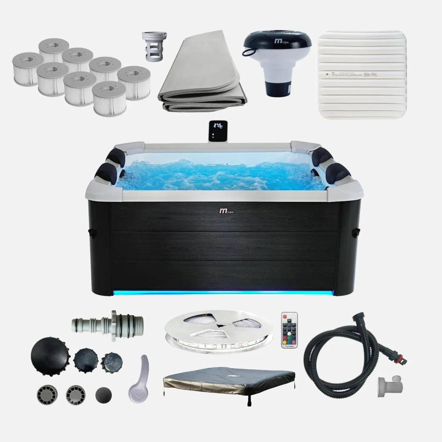 6-persoons vaste spa 180cm grijs hydromassages 4 kussens 8 filters afdekzeil