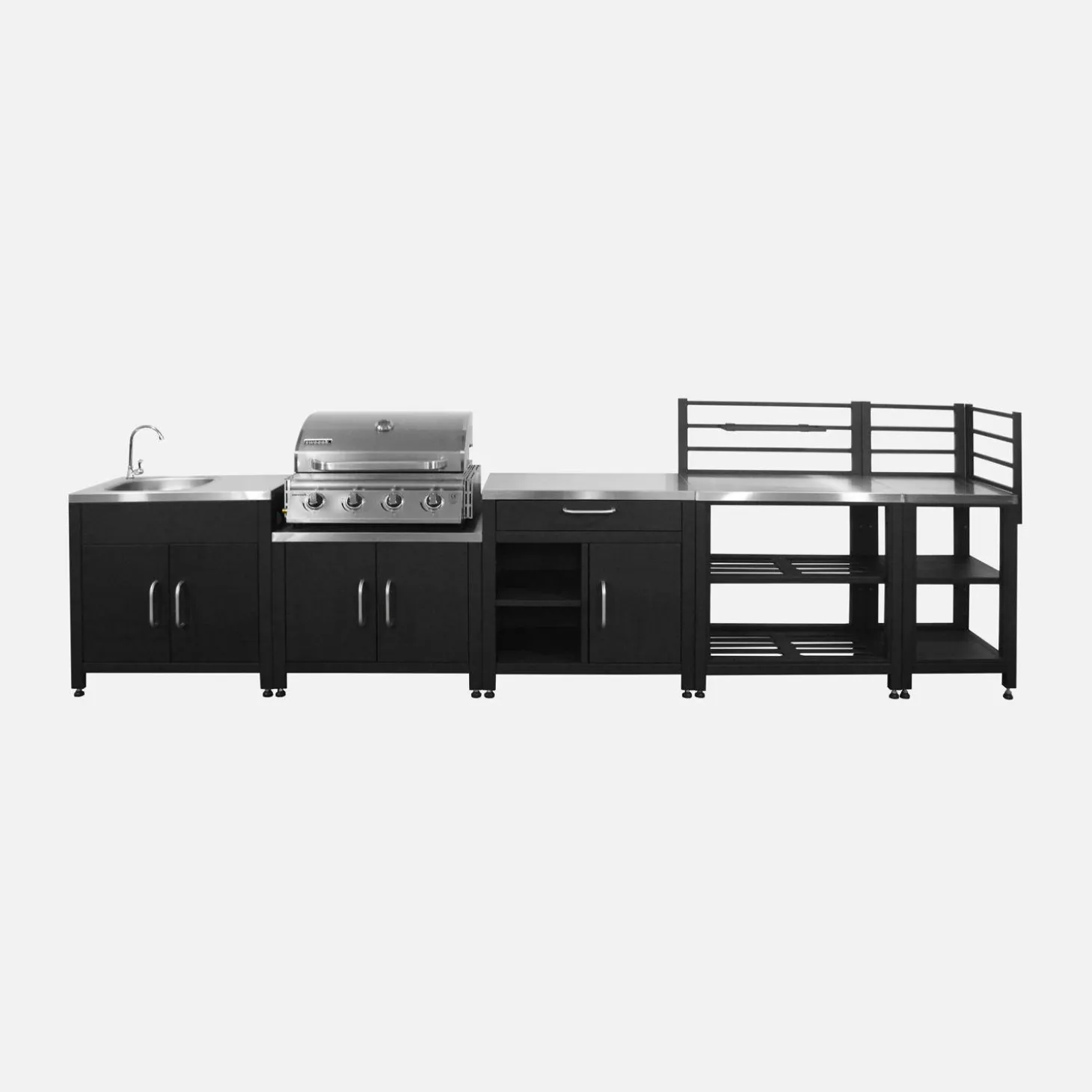 4-pits gasbarbecue en 5 buitenkeukenmodules roestvrij staal