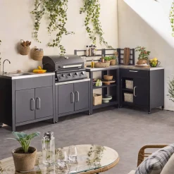 4-pits gasbarbecue en 5 buitenkeukenmodules roestvrij staal