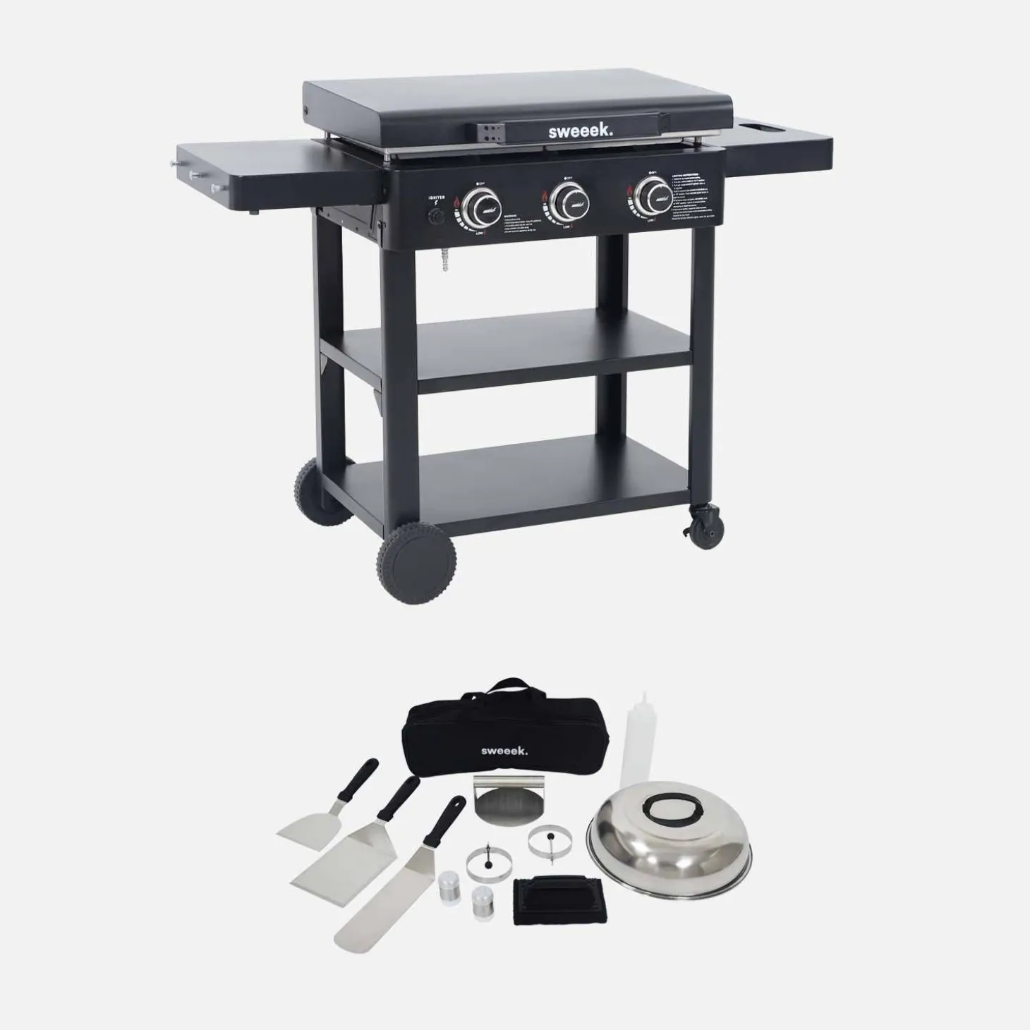 3-pits gasplancha van roestvrij staal 12kW met trolley en kookgerei