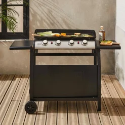 Plancha gas 4 branders roestvrij staal 10kW met trolley