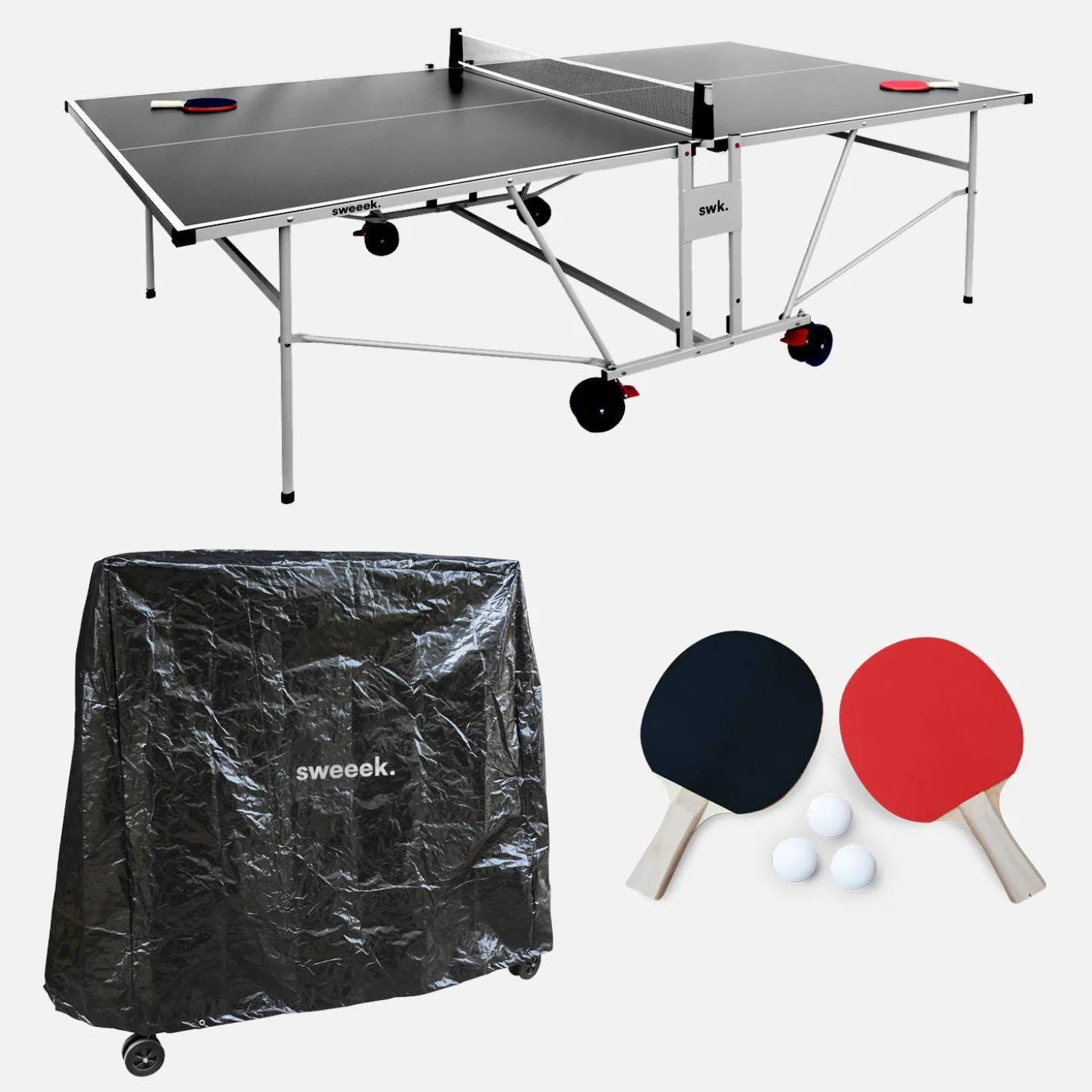 Premium outdoor tafeltennistafel met 2 rackets, 3 ballen en beschermhoes