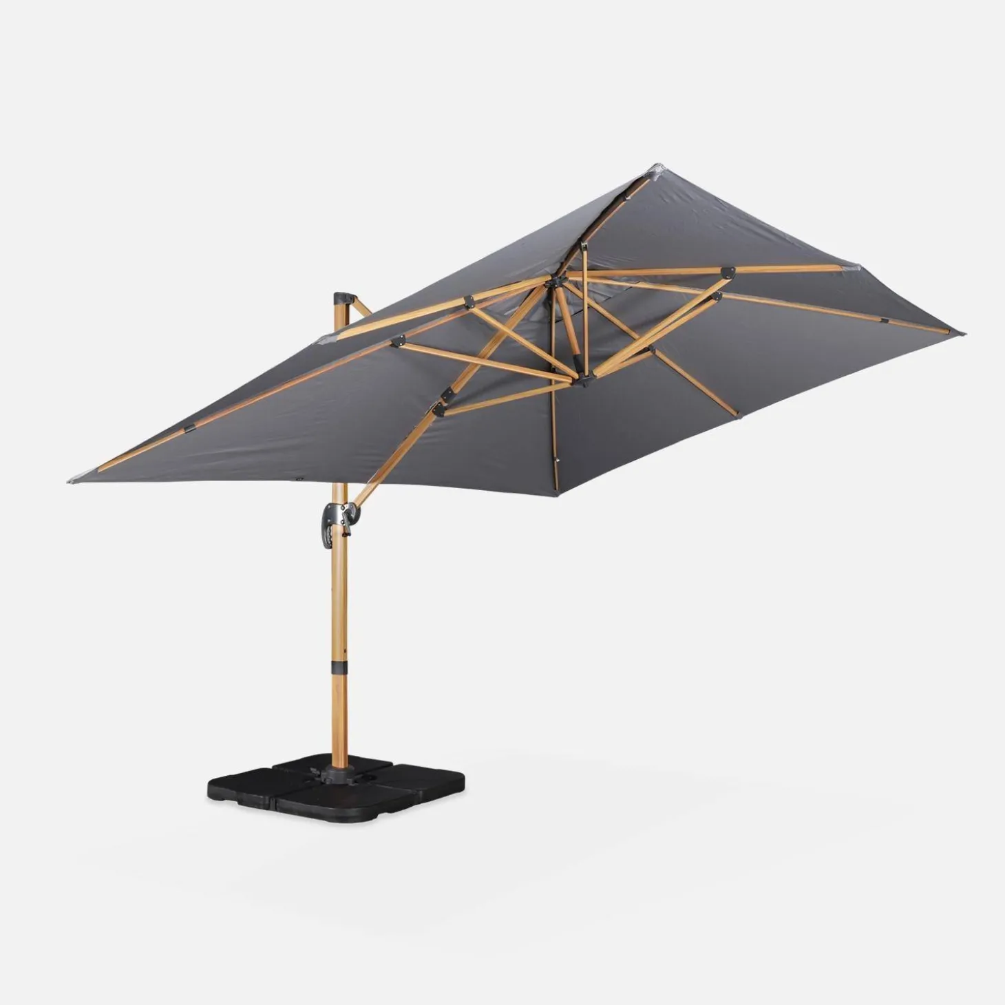 Rechthoekige parasol 3x4m, 360° draaibaar, verzwaarde tegels 50x50cm