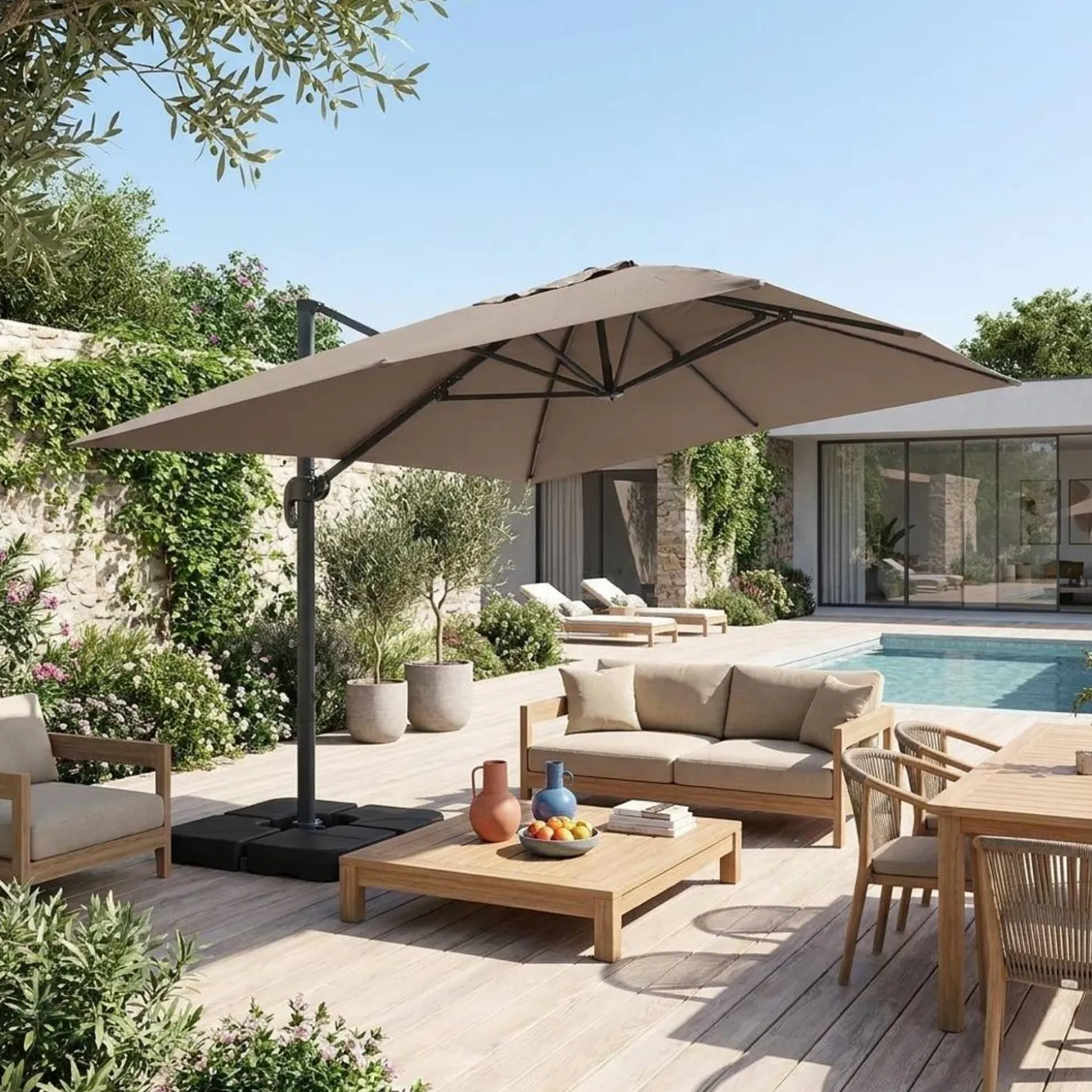Rechthoekige zweefparasol 4x3m + ballasttegels 50x50cm