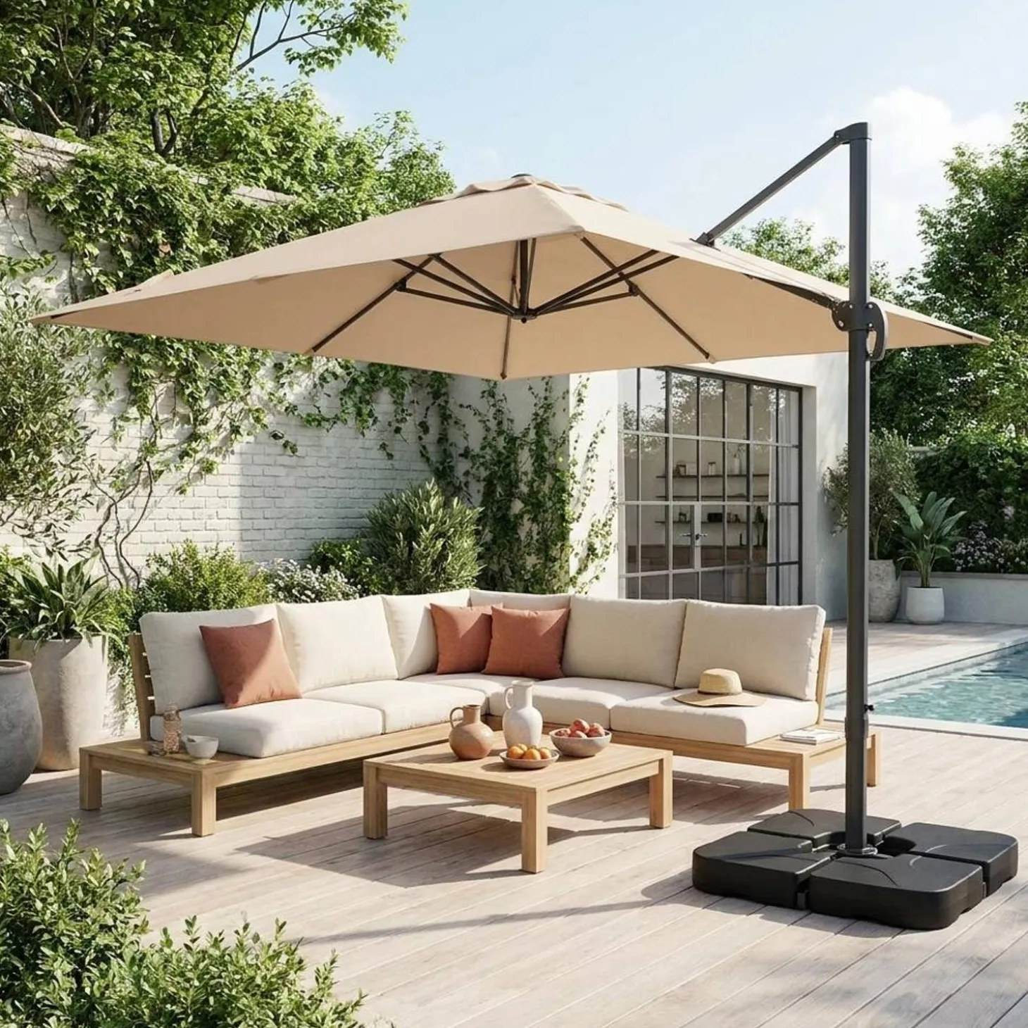 Rechthoekige zweefparasol 4x3m + ballasttegels 50x50cm