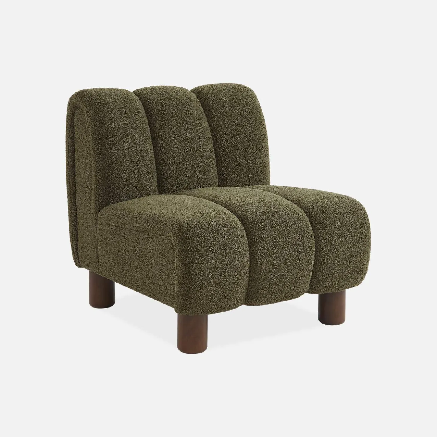 Relaxfauteuil met afgeronde poten in hout en boucléstof