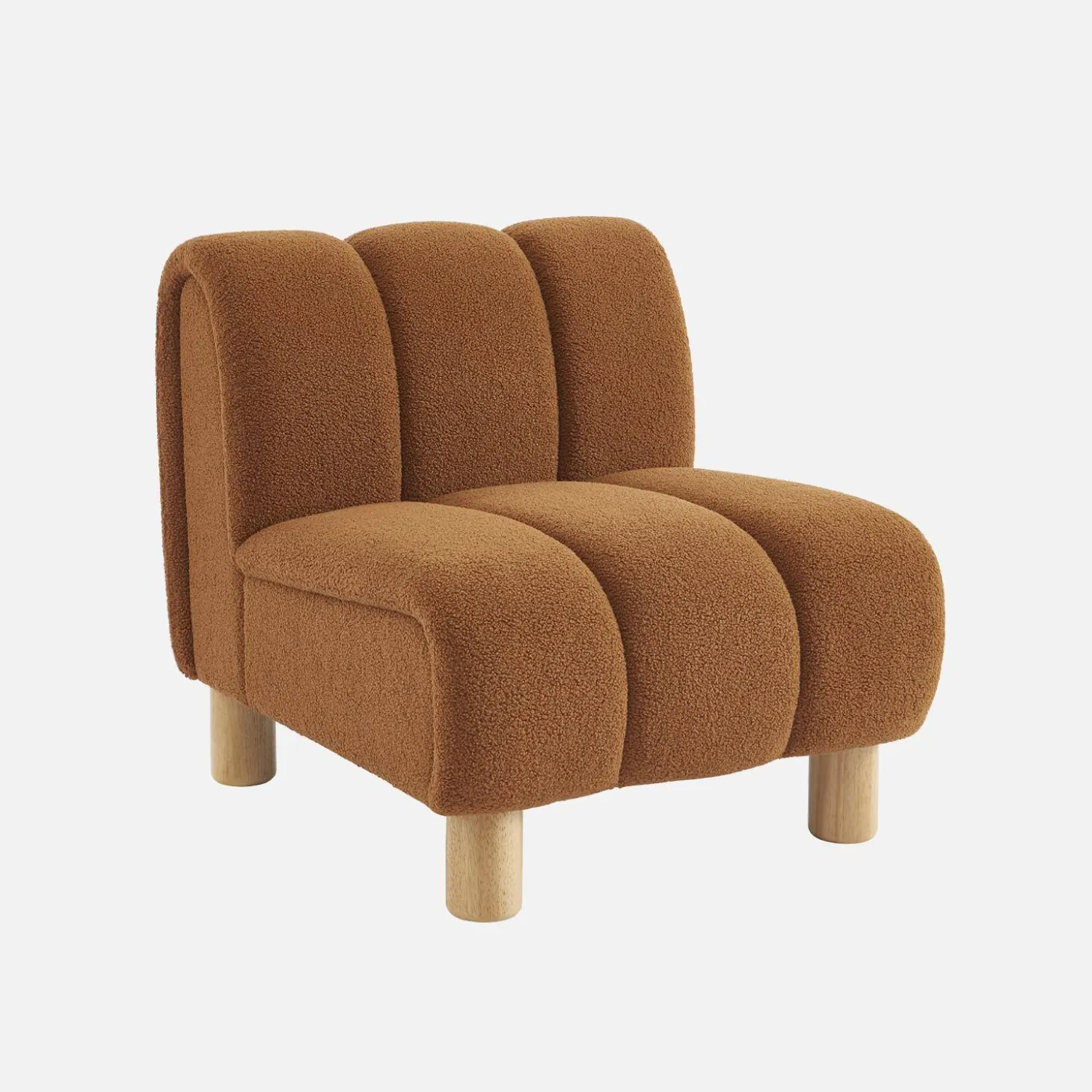 Relaxfauteuil met afgeronde poten in hout en boucléstof