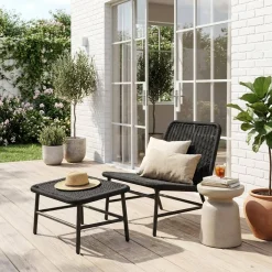 Relaxfauteuil met voetenbank van aluminium en koorden