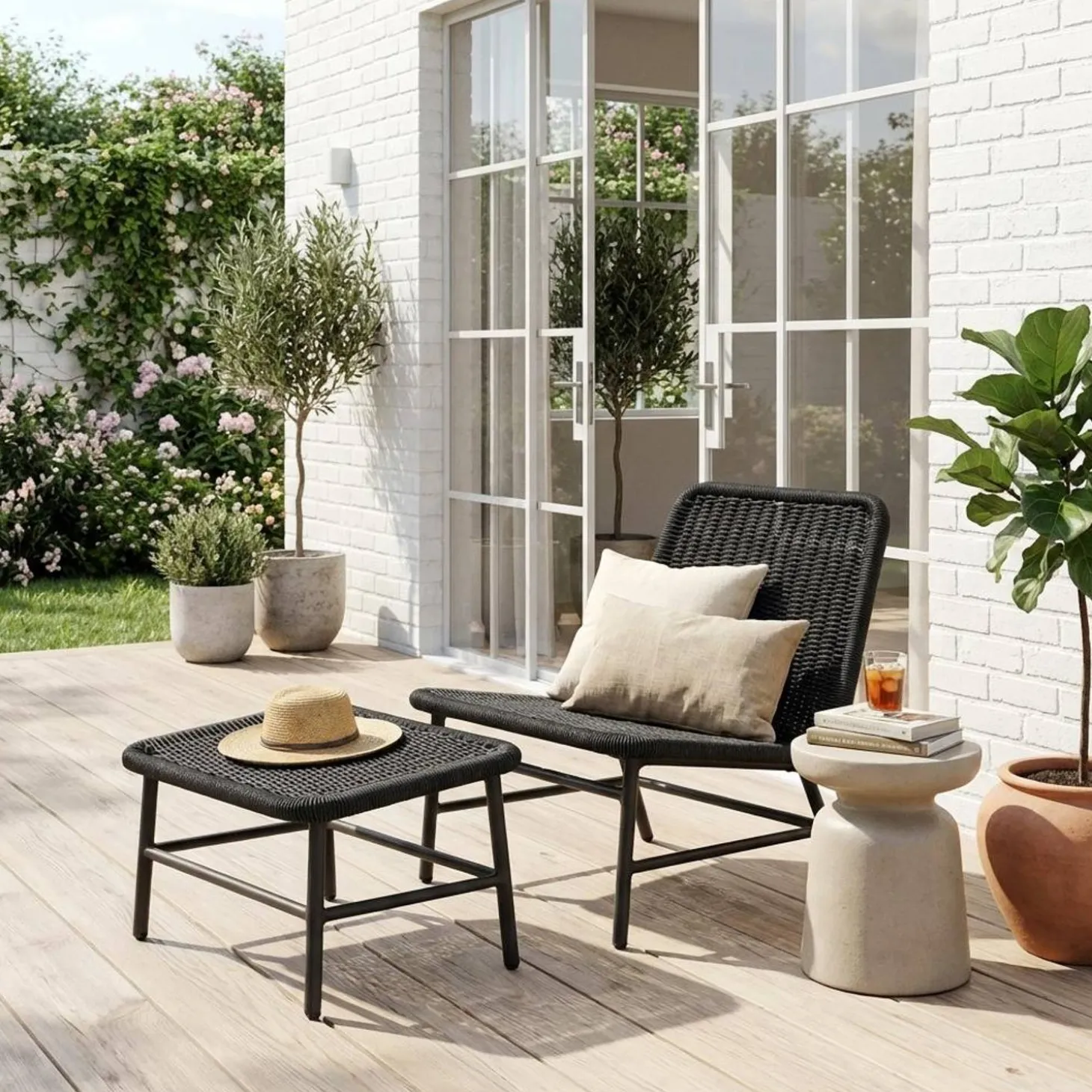 Relaxfauteuil met voetenbank van aluminium en koorden