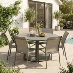 Ronde aluminium tuintafel en 6 stoelen