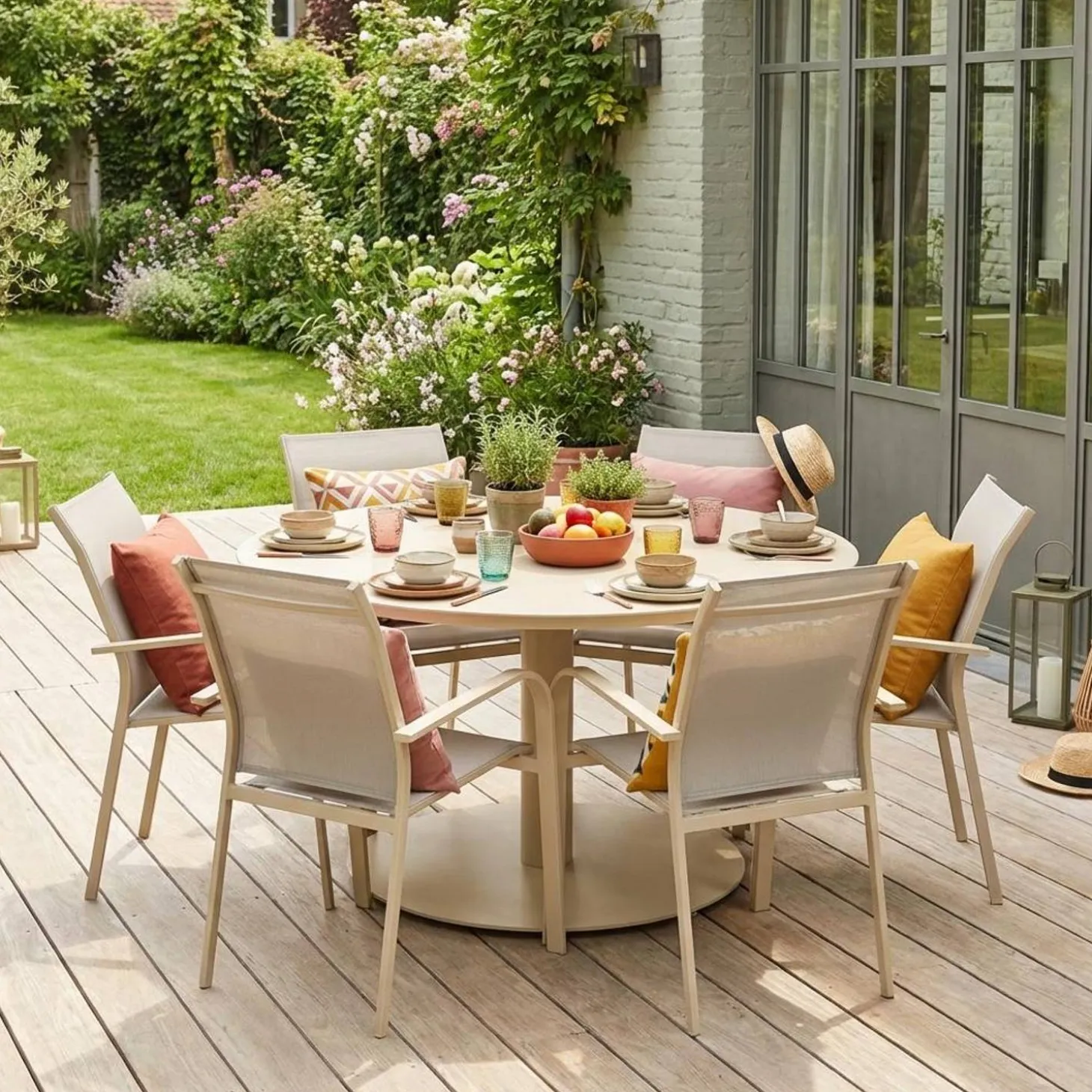 Ronde aluminium tuintafel en 6 stoelen