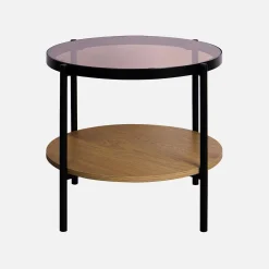 Ronde bijzettafel in gehard glas, hout- en metaaleffect zwart