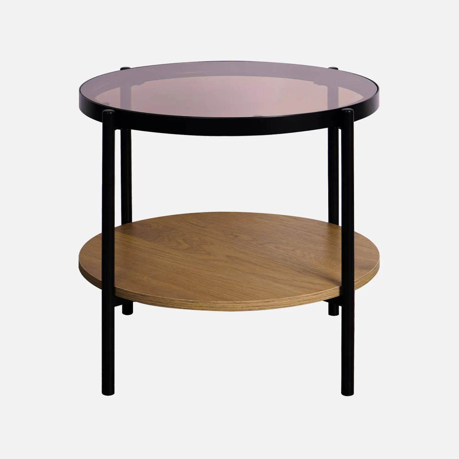 Ronde bijzettafel in gehard glas, hout- en metaaleffect zwart