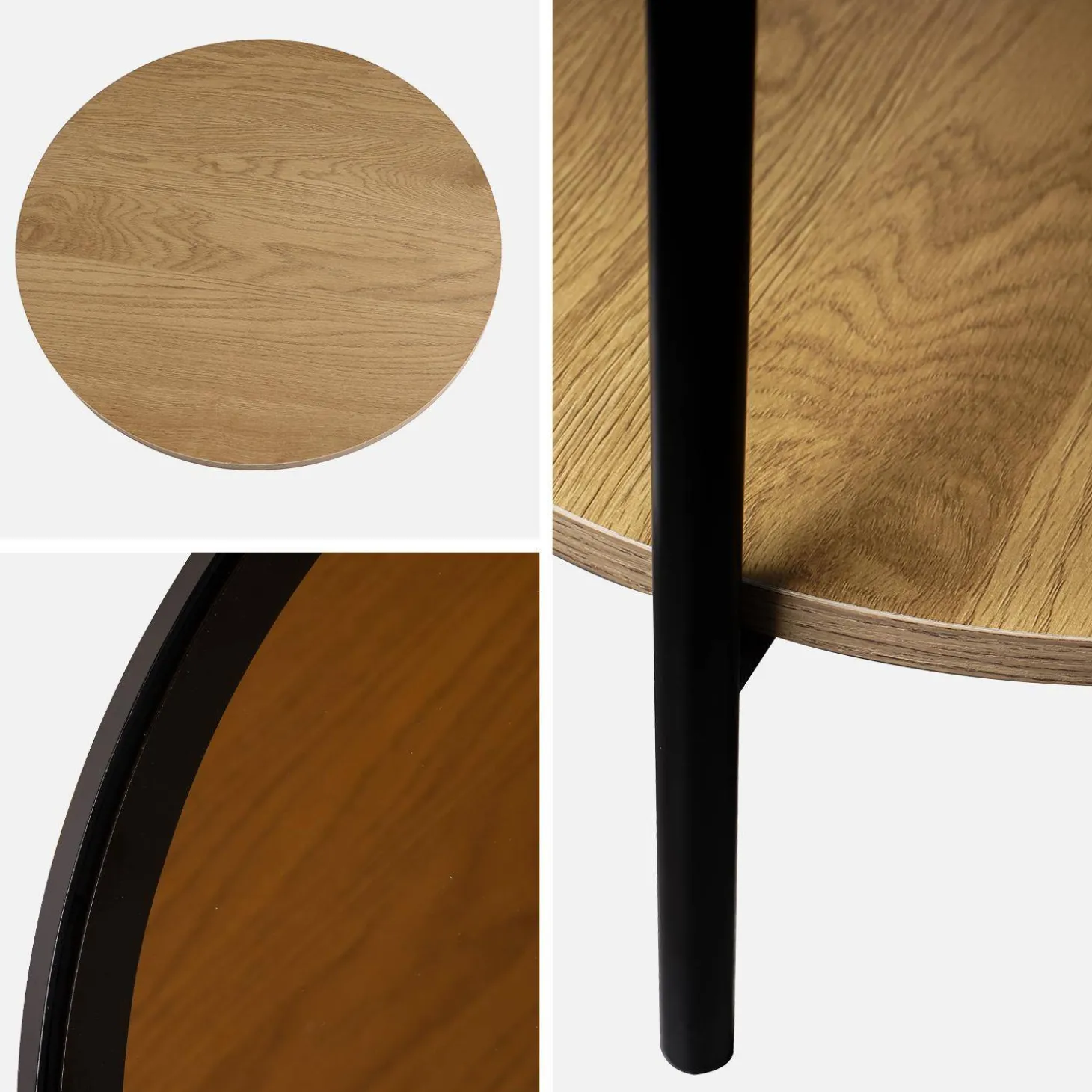 Ronde bijzettafel in gehard glas, hout- en metaaleffect zwart