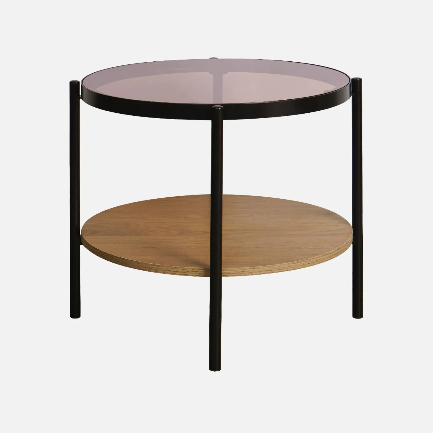Ronde bijzettafel in gehard glas, hout- en metaaleffect zwart