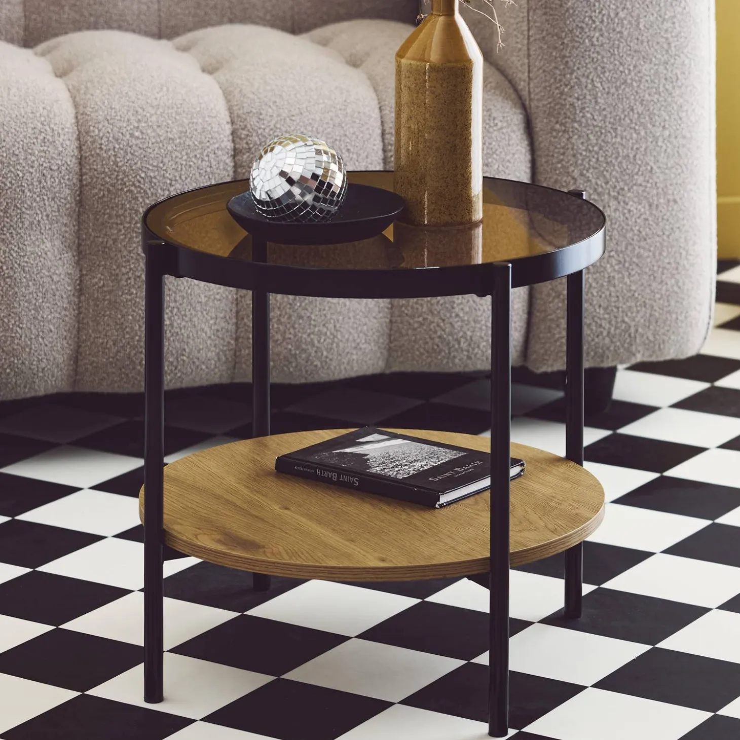 Ronde bijzettafel in gehard glas, hout- en metaaleffect zwart