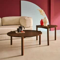 2 ronde bijzettafels, salontafel, houteffect