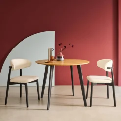 Ronde eettafel met houteffect en zwarte metalen poten voor 4 personen