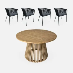 Ronde houten eettafel, binnen/buiten + 4 touw en stalen armstoelen